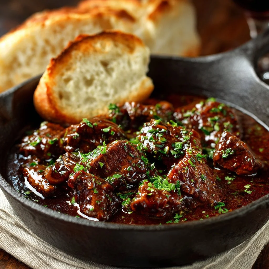 A delicious plate of Beef Carbonnade with tender beef and rich gravy.