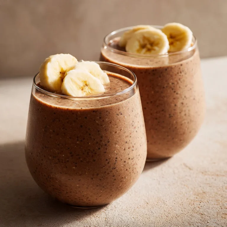 Delicious chia seed smoothie in a glass topped with fresh fruits and seeds