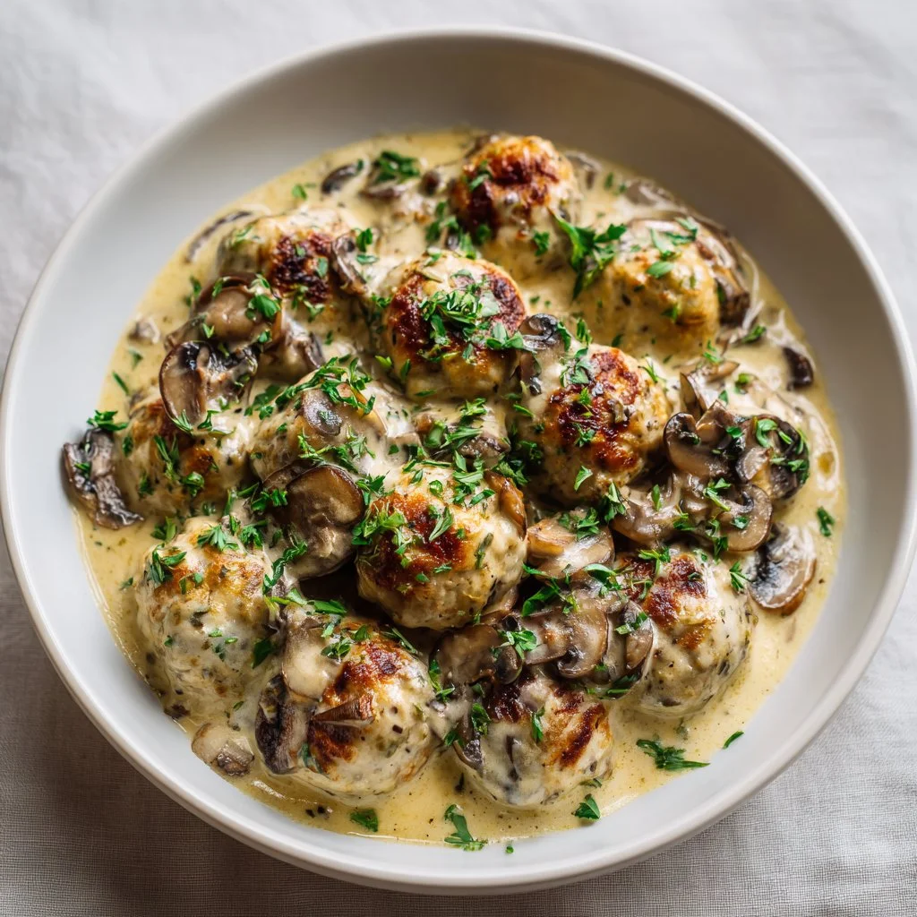 Creamy mushroom chicken meatballs served with sauce on a plate