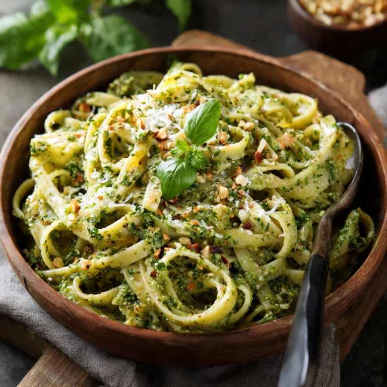 Bowl of creamy pesto pasta garnished with pine nuts and fresh basil