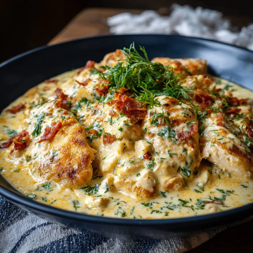 Creamy ranch chicken dish garnished with fresh herbs on a plate