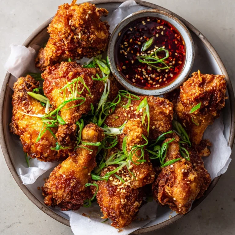 Plate of crispy Korean fried chicken garnished with sesame seeds and green onions.