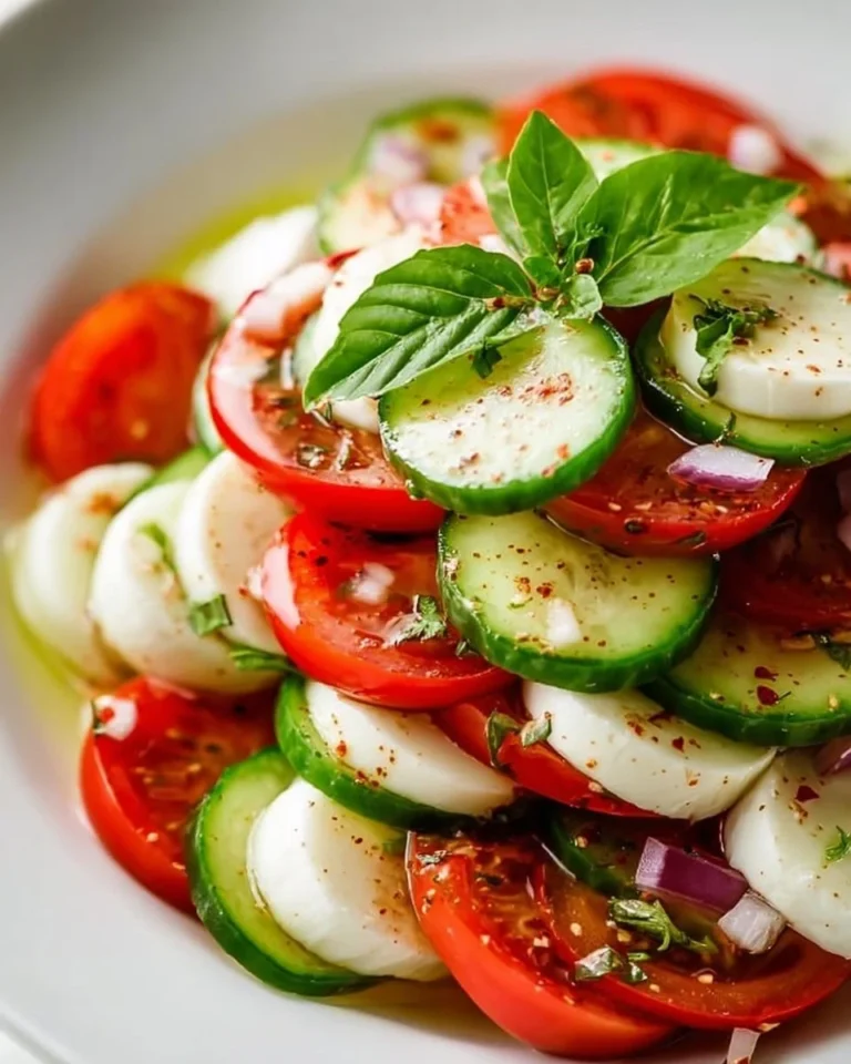 Refreshing Cucumber Caprese Salad with mozzarella, tomatoes, and basil