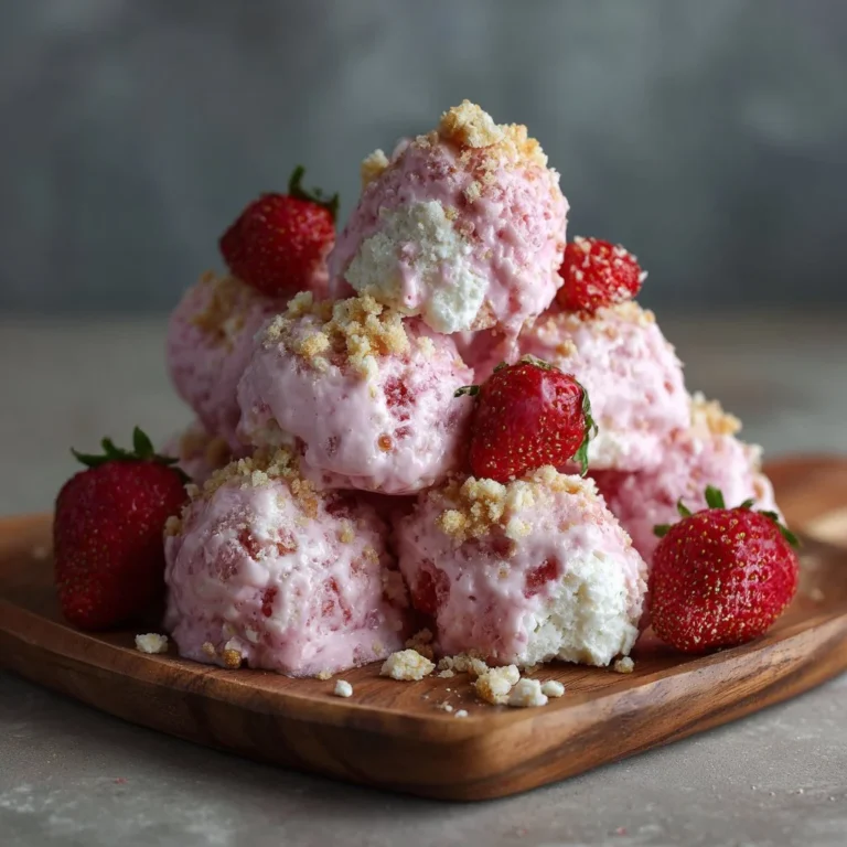 Bowl of frozen strawberry yogurt clusters topped with fresh strawberries.
