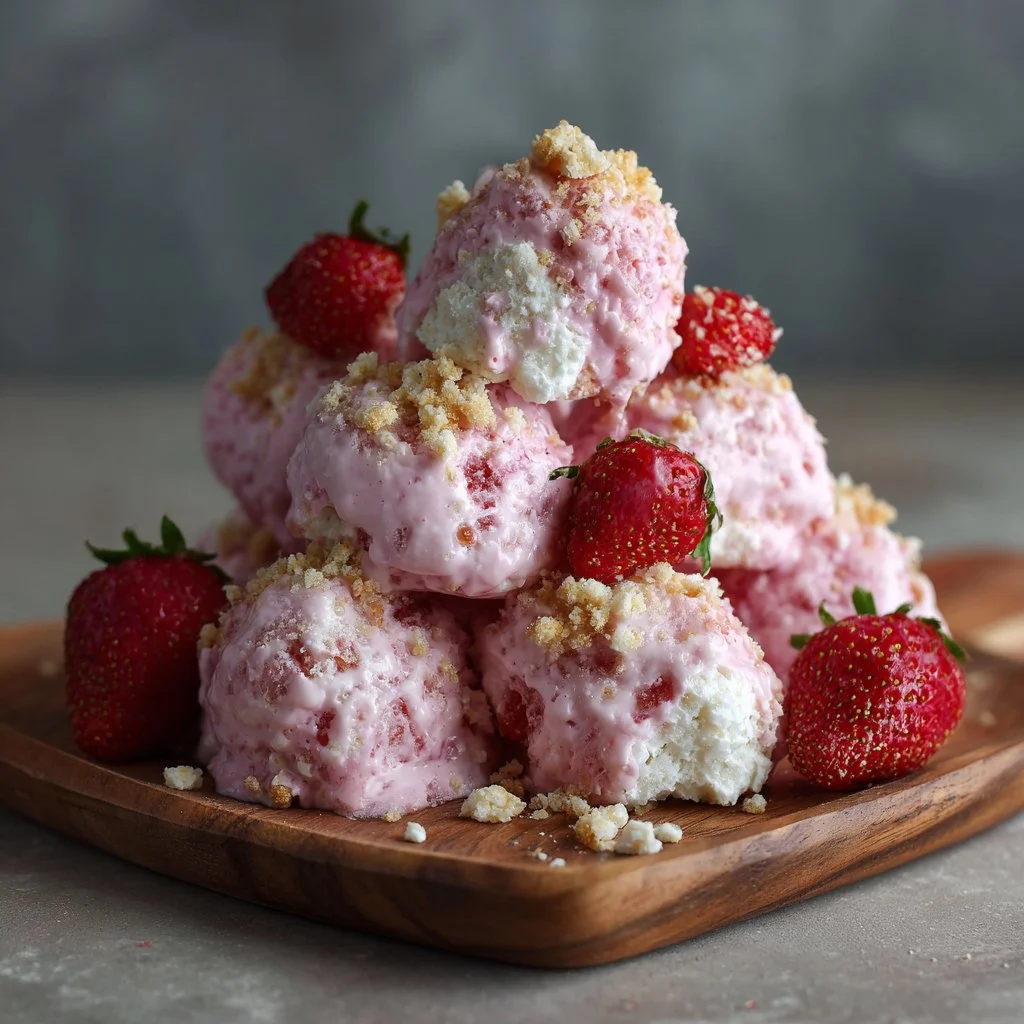 Bowl of frozen strawberry yogurt clusters topped with fresh strawberries.