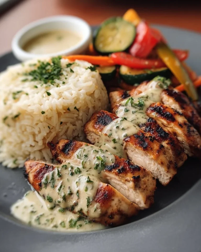 Grilled chicken served with a creamy herb sauce on a plate