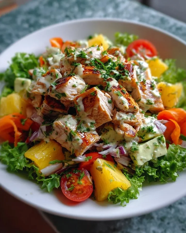 A colorful Hawaiian Chicken Salad with chicken, pineapple, nuts, and greens.