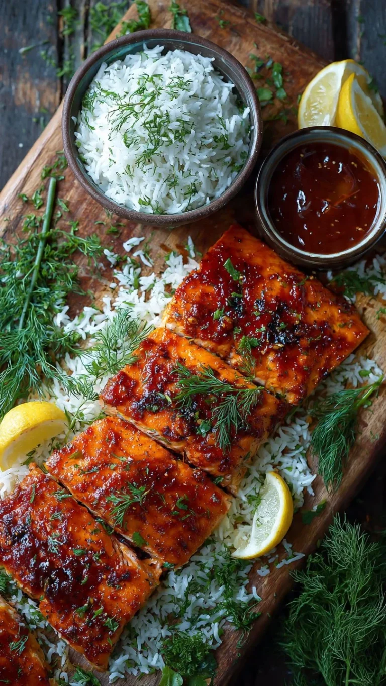 Plate of honey harissa baked salmon served with dill rice