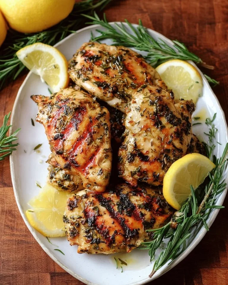 Lemon herb grilled chicken on a plate garnished with fresh herbs