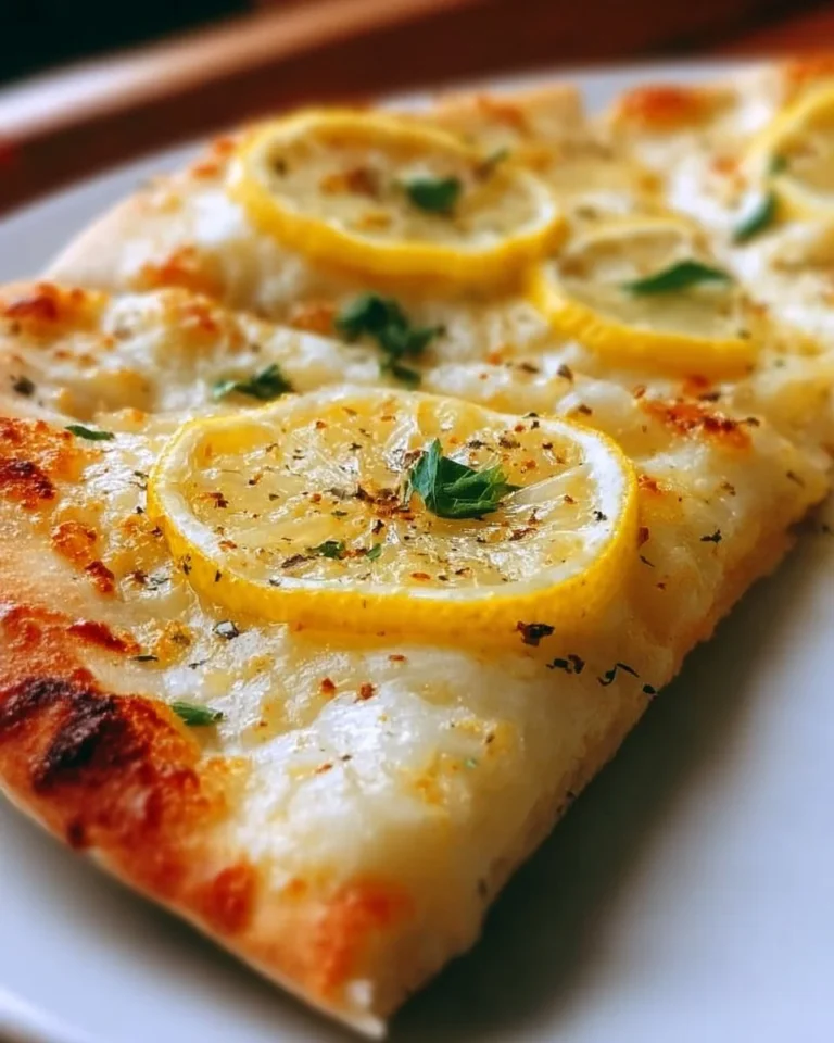 A delicious lemon pizza topped with fresh herbs and cheese.