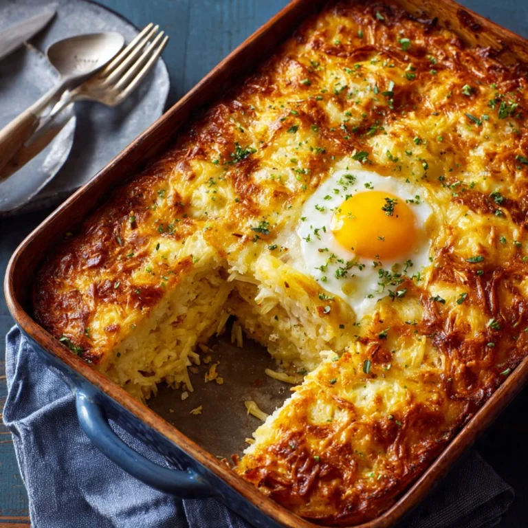 Martha Stewart's hash brown breakfast casserole served in a baking dish.