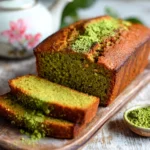 Sliced matcha pound cake topped with powdered sugar and served on a plate.