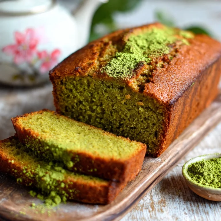 Sliced matcha pound cake topped with powdered sugar and served on a plate.