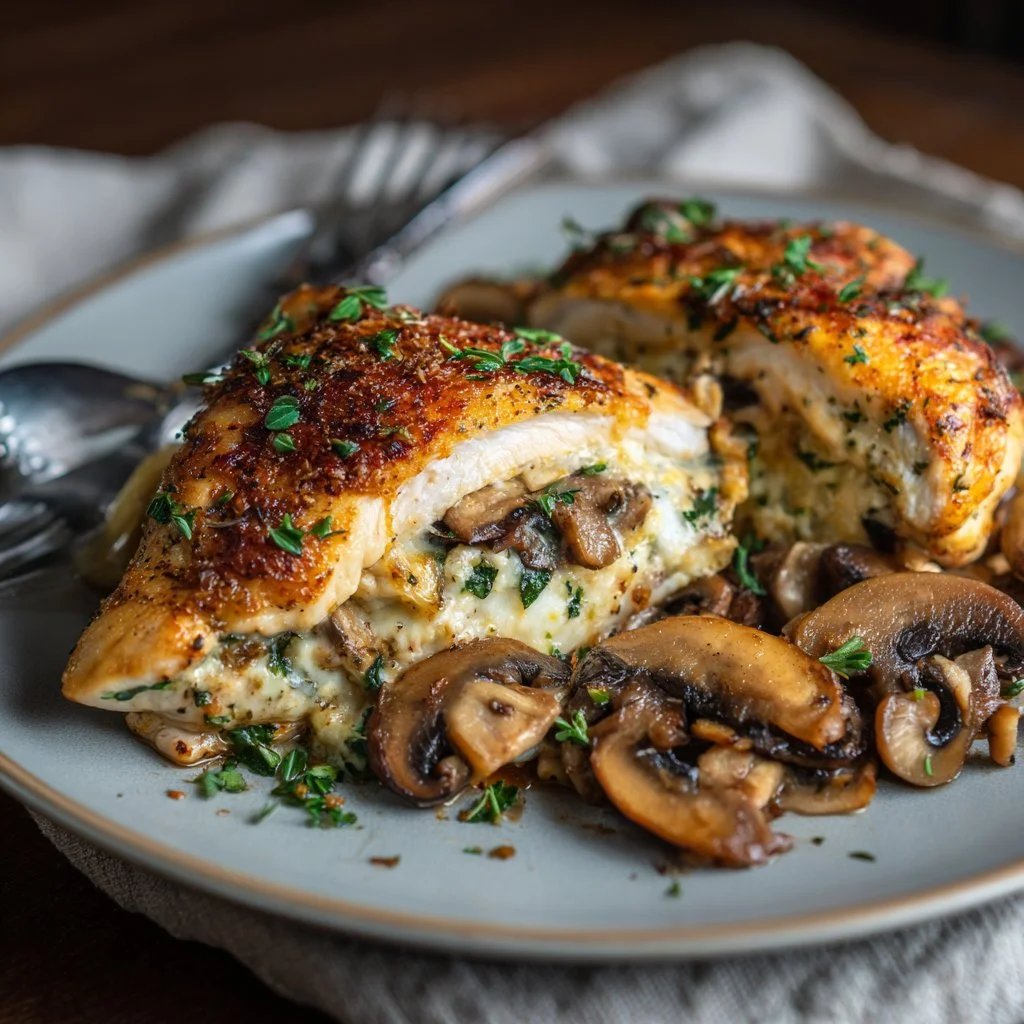 Mouthwatering mushroom stuffed chicken breast served with herbs and vegetables