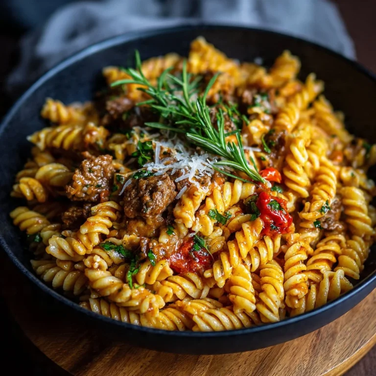 One pot creamy beef and garlic butter pasta served in a bowl