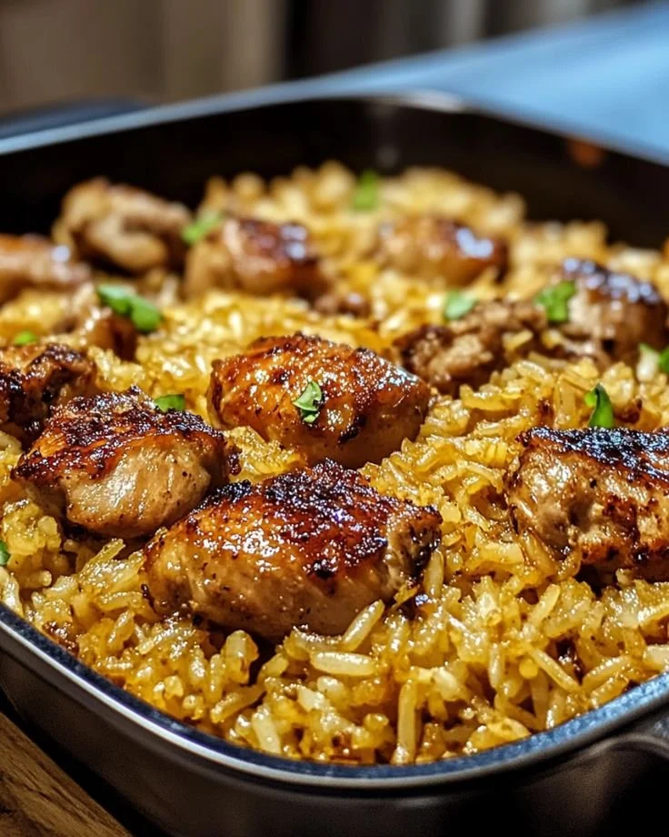 Oven baked chicken served with rice, garnished with herbs.