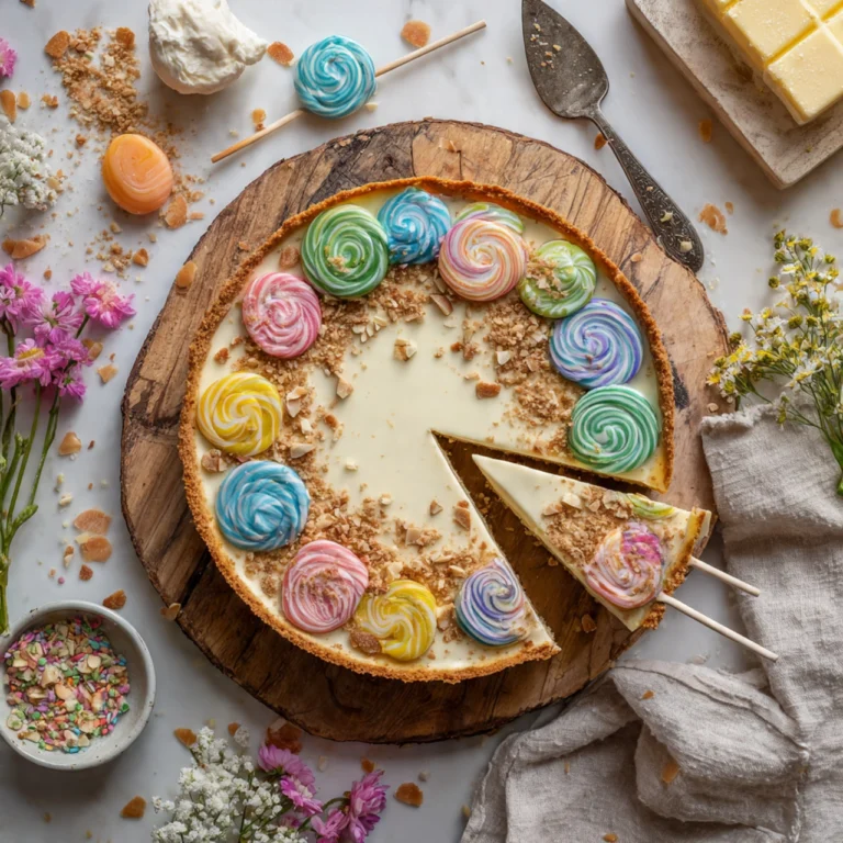 marzipan cheesecake, decorated cheesecake, lollipop dessert, almond cheesecake, party dessert, show-stopping dessert