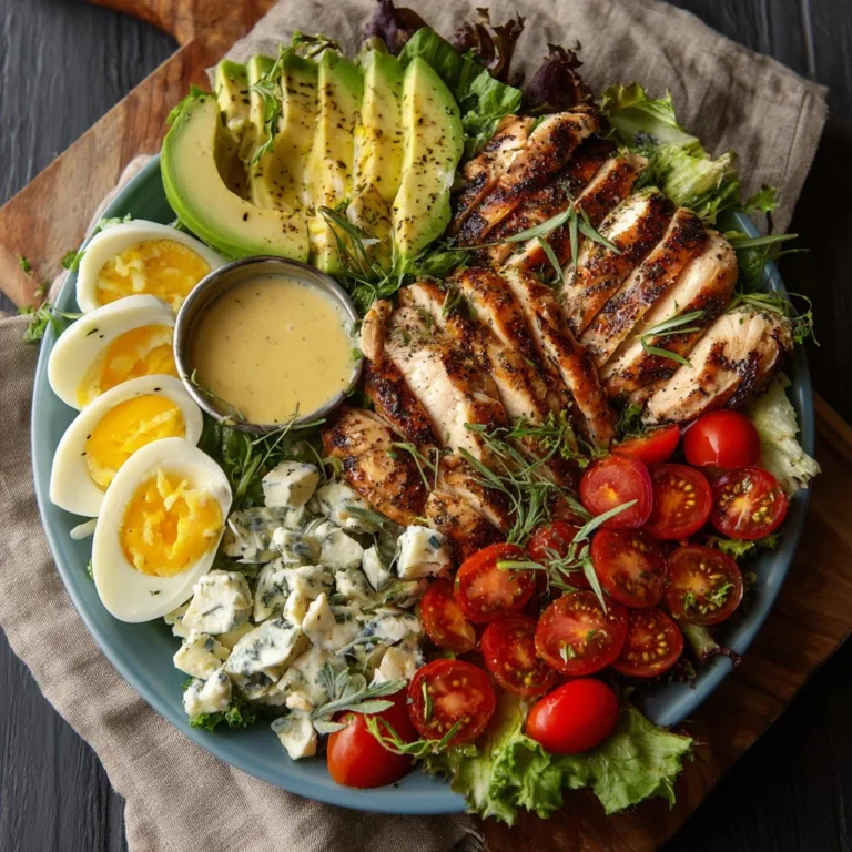 Paleo Grilled Chicken Cobb Salad with Honey Dijon Dressing on a plate
