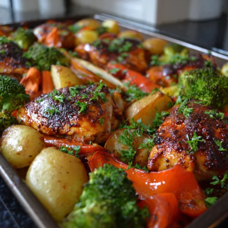 Sheet pan harissa chicken with colorful vegetables, ready to serve for dinner.