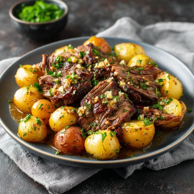Slow Cooker Garlic Butter Beef with Potatoes served in a bowl
