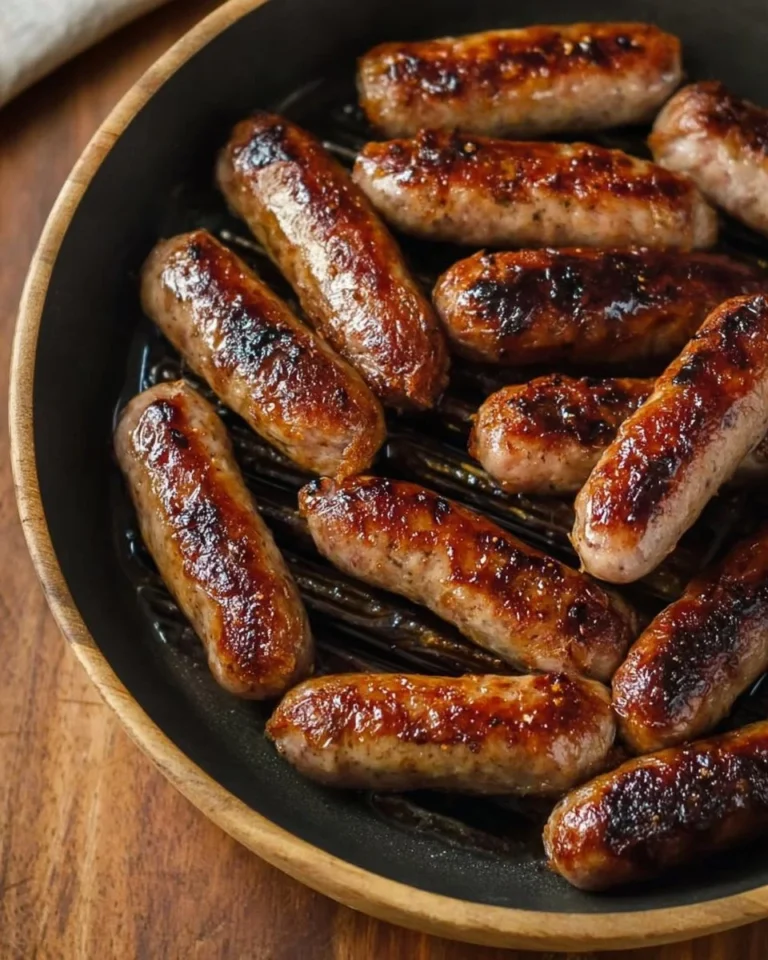Crispy air fryer breakfast sausage served on a plate with eggs and toast.
