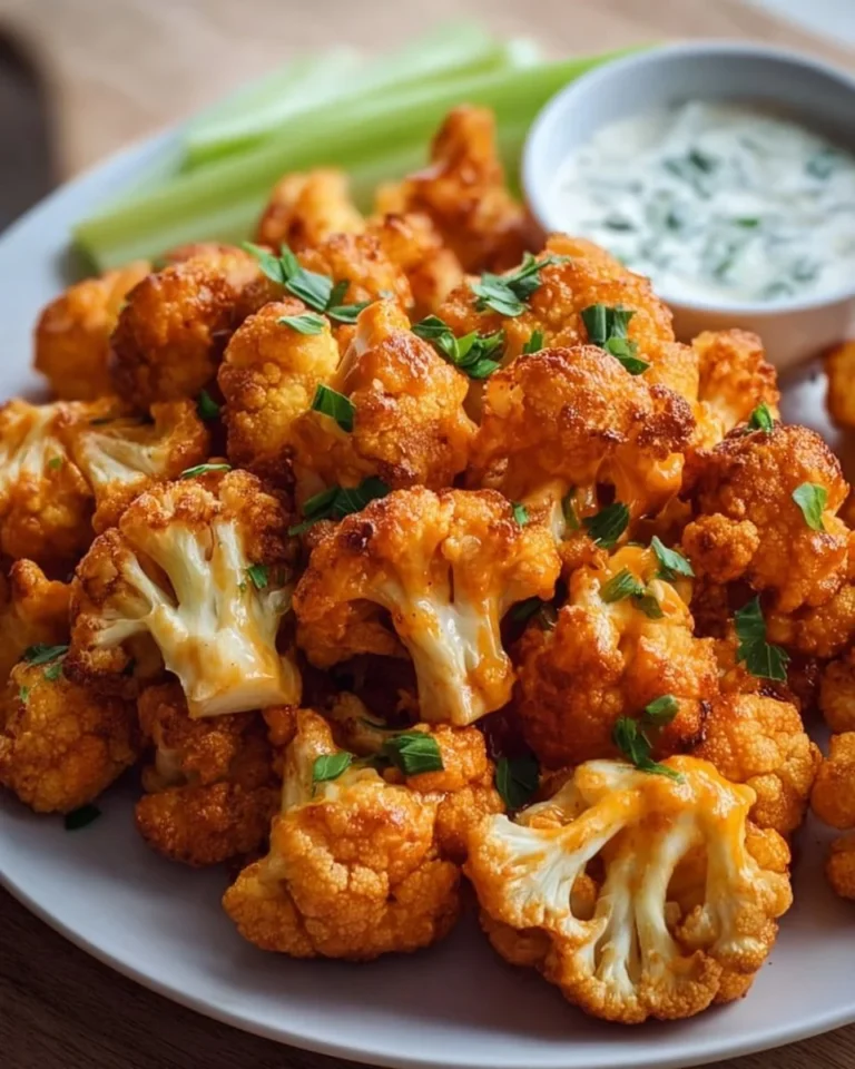 Crispy air fryer buffalo cauliflower served on a plate with dipping sauce