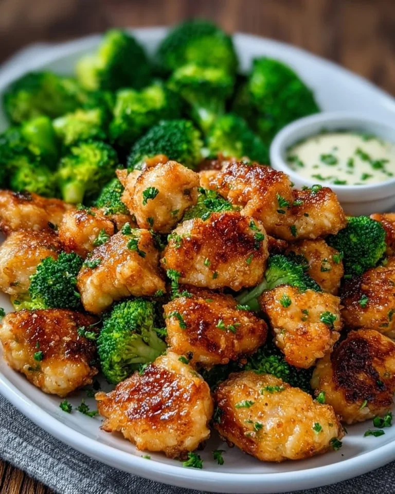 Air fryer chicken bites served with broccoli on a plate