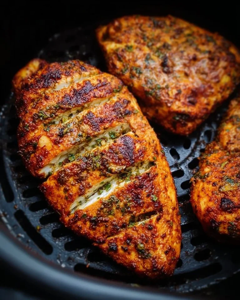Juicy air fried chicken breast served on a plate with herbs.
