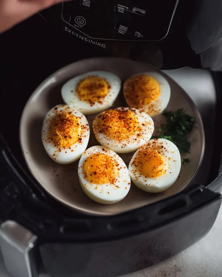 Perfectly cooked air fryer hard boiled eggs in an air fryer basket