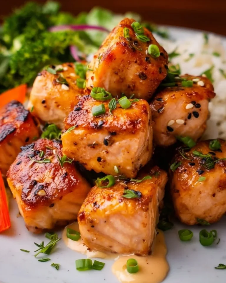 Air fryer salmon bites served on a plate garnished with herbs