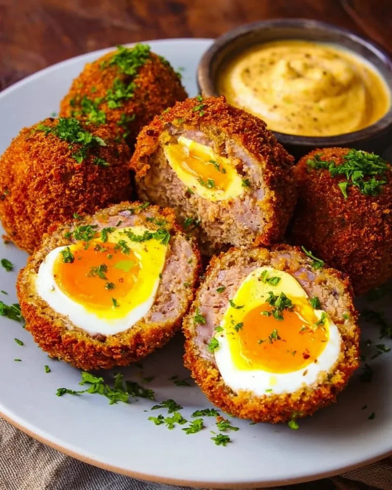 Delicious Air Fryer Scotch Eggs served on a plate with dipping sauce.