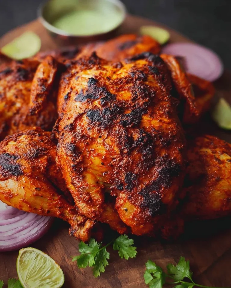Air Fryer Whole Tandoori Chicken with spices and herbs on a platter