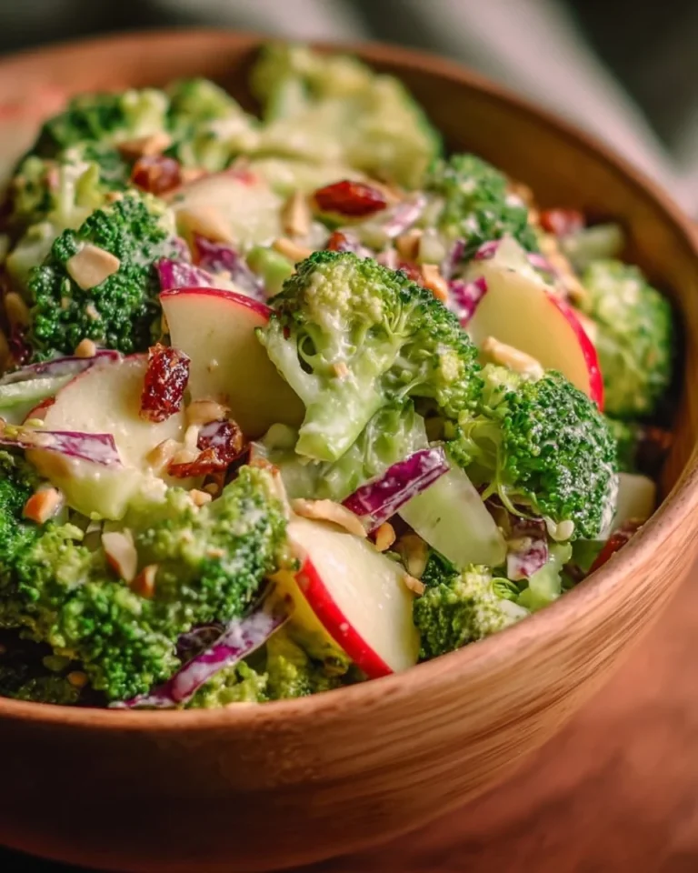 Colorful Apple Broccoli Salad with nuts and dressing in a serving bowl