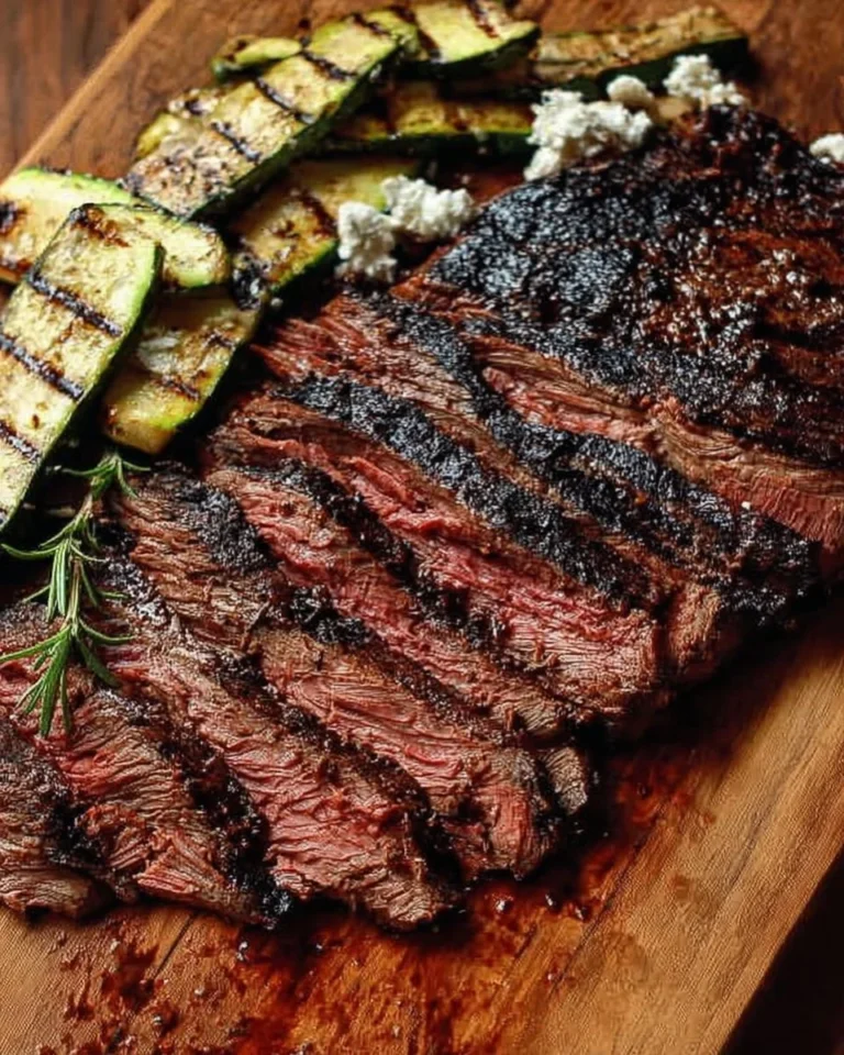 Balsamic flank steak with grilled zucchini and whipped feta on a plate