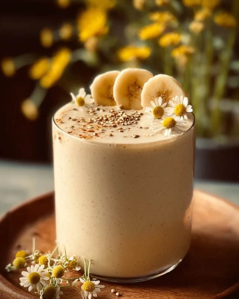 A delicious Banana Chamomile Tea smoothie in a glass, garnished with banana slices.