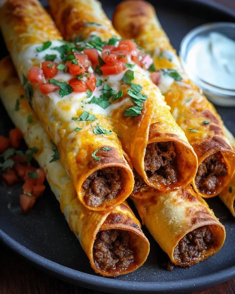 Delicious beef taquitos served on a plate with salsa and toppings