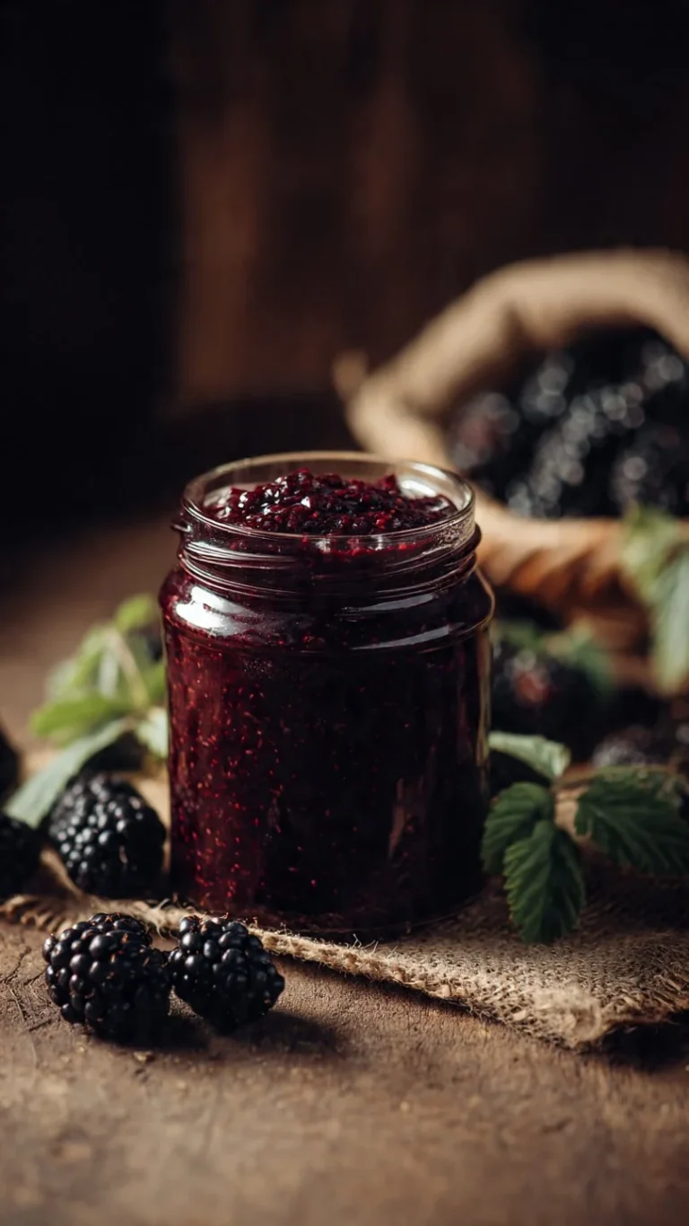 Homemade blackberry basil jam spread on toast