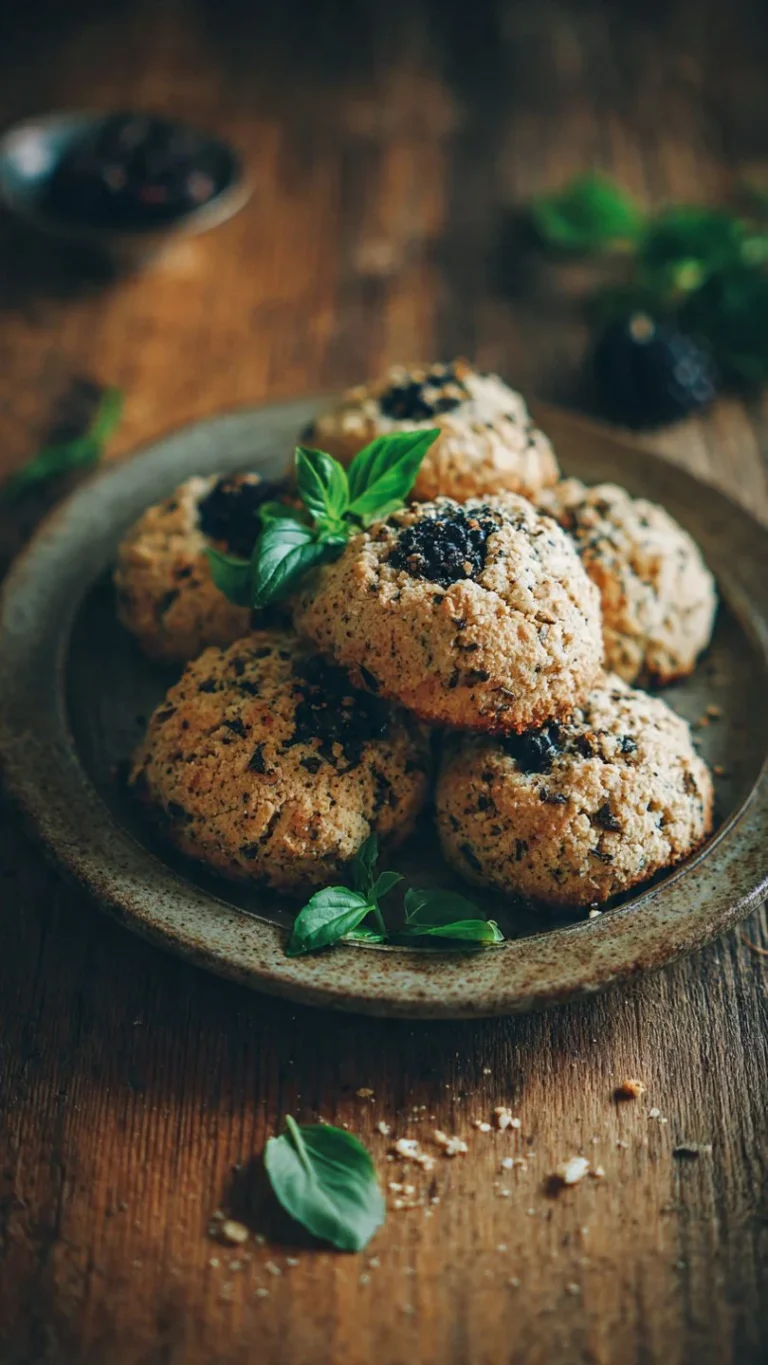 Freshly baked blackberry basil cookies on a rustic wooden table.