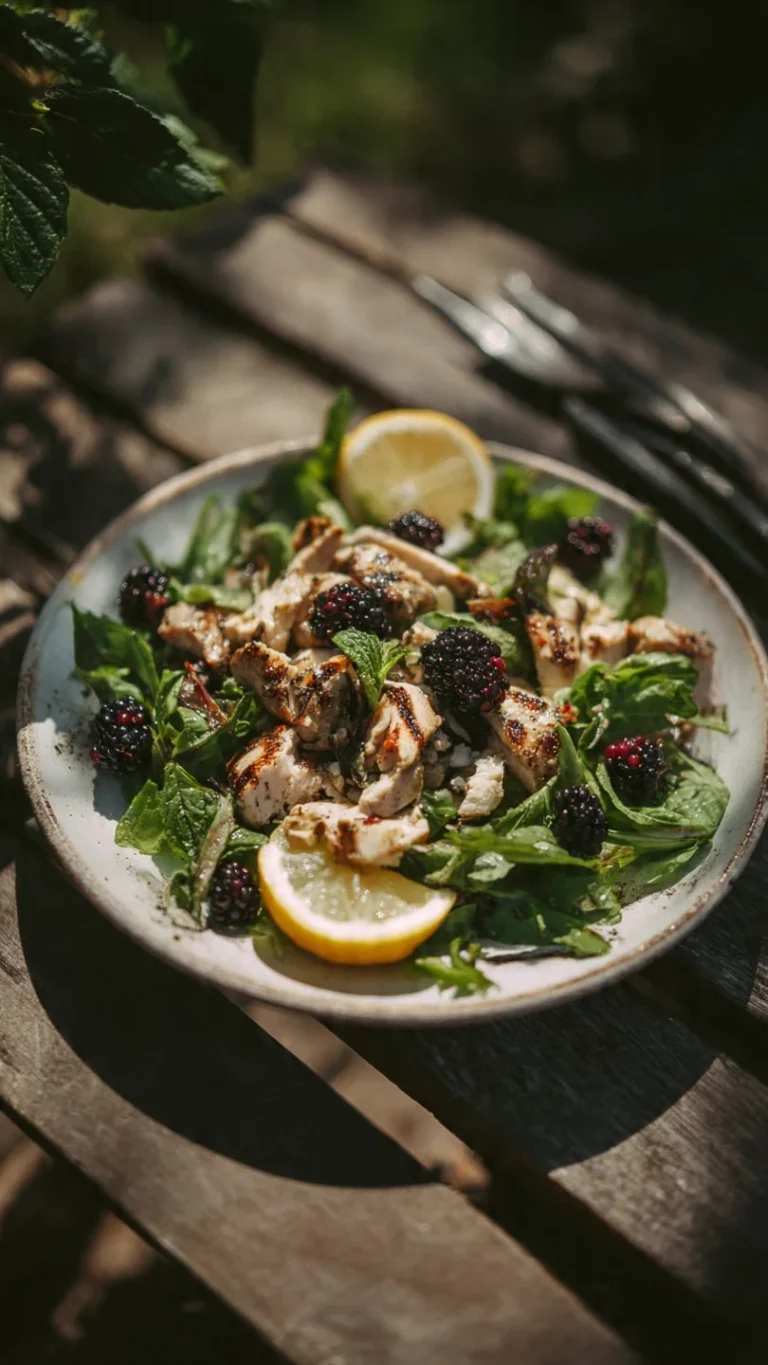 Fresh blackberry basil grilled chicken salad with vibrant greens