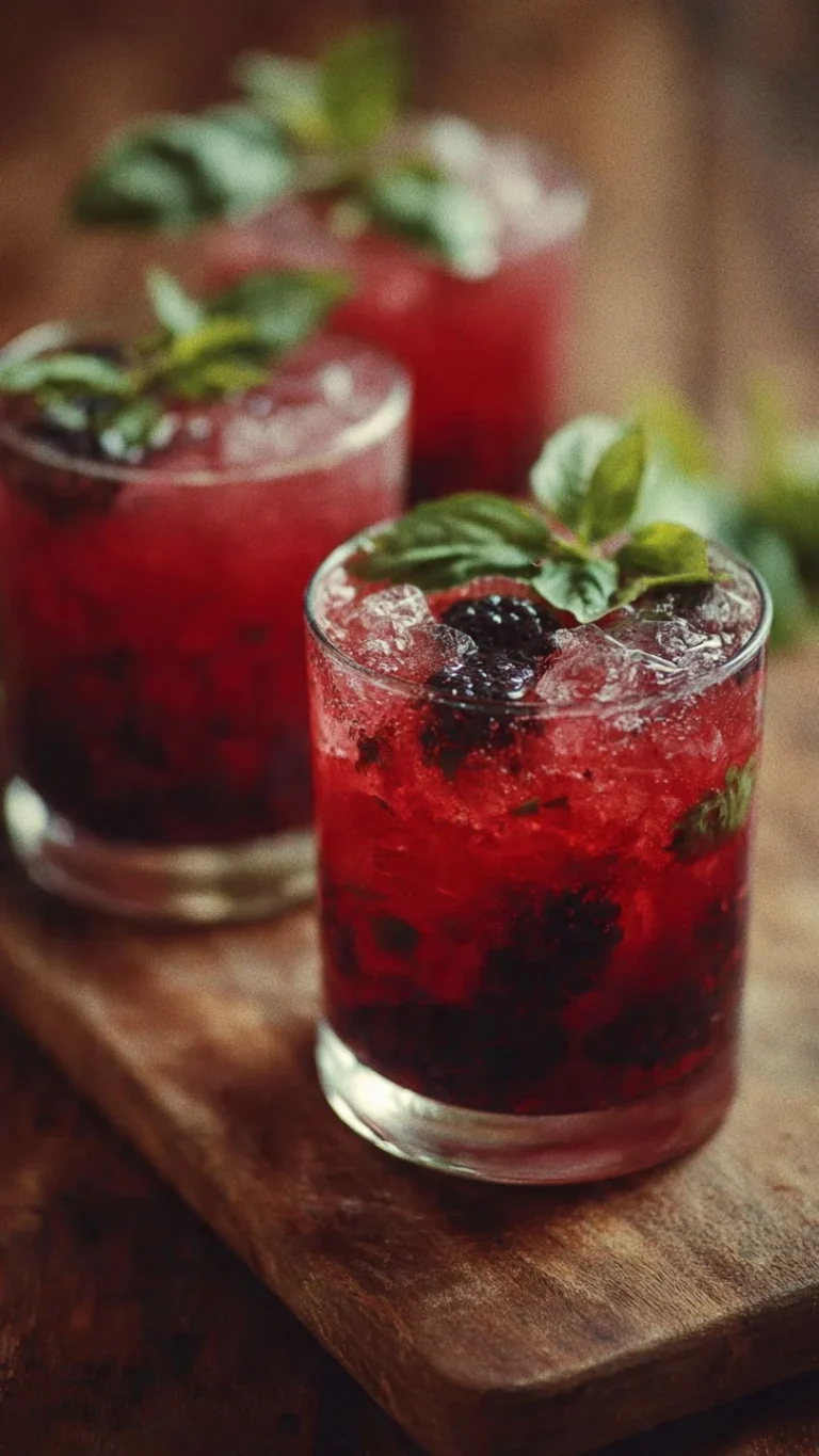 Refreshing Blackberry Basil Mojitos with Manischewitz wine garnish.