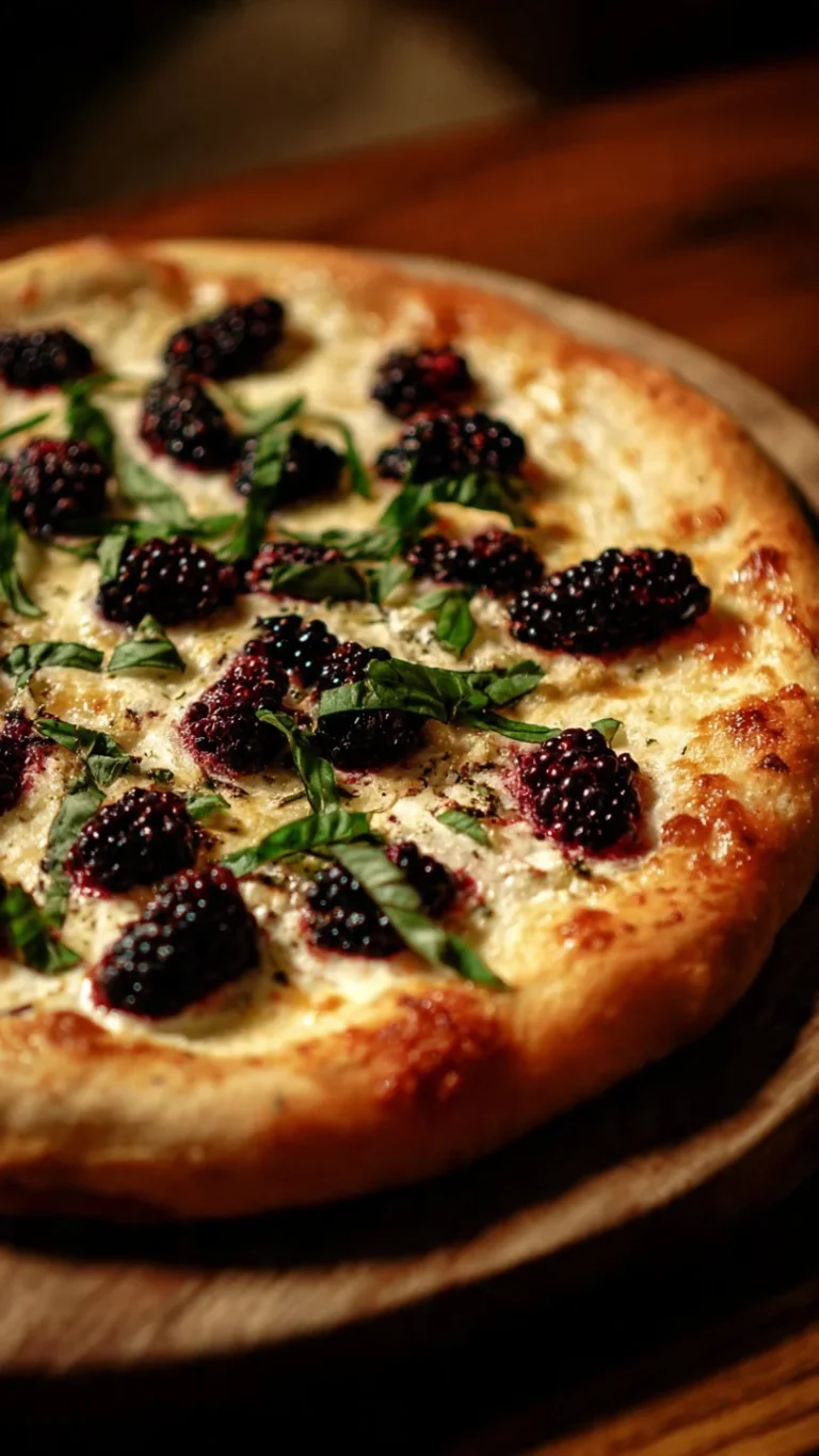 Delicious Blackberry Basil Ricotta Pizza topped with fresh blackberries and basil