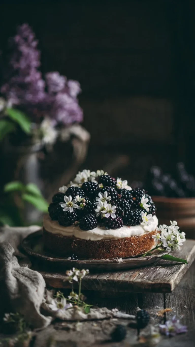 Slice of Blackberry Olive Oil Cake topped with Mascarpone cream and fresh blackberries