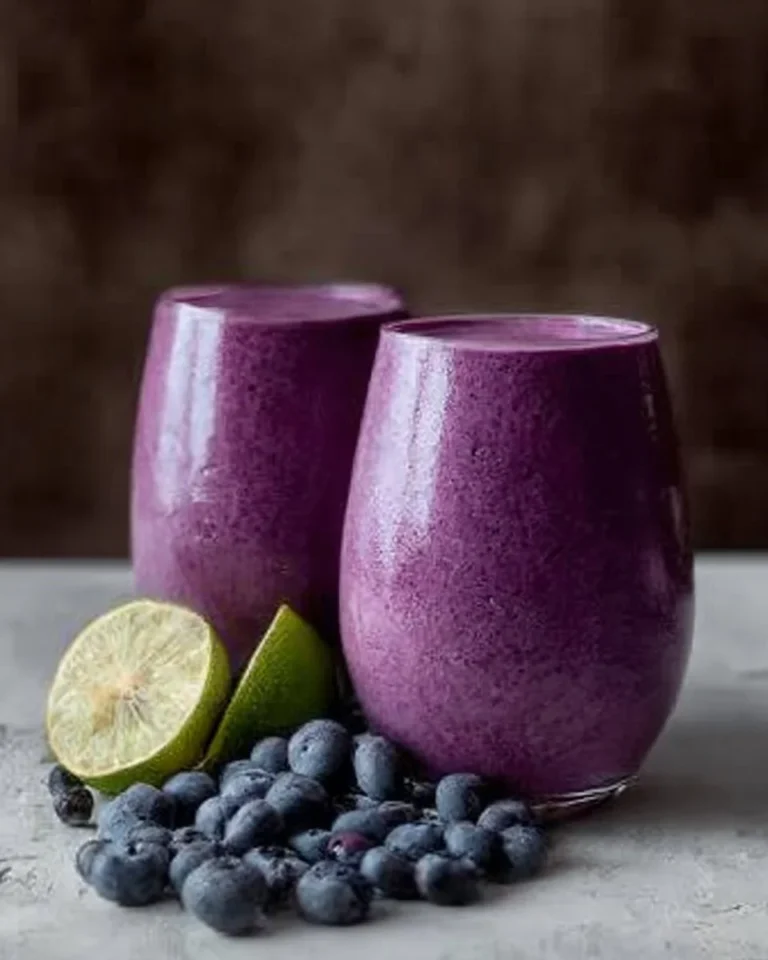 Blueberry avocado smoothie with lemon and yogurt in a glass, garnished with fresh berries