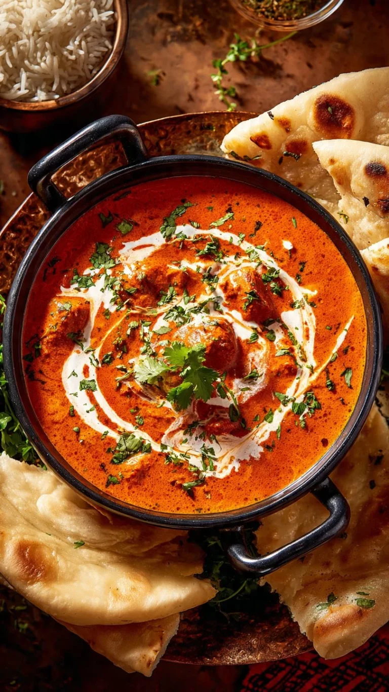 Delicious Butter Chicken (Murgh Makhani) served with naan and rice