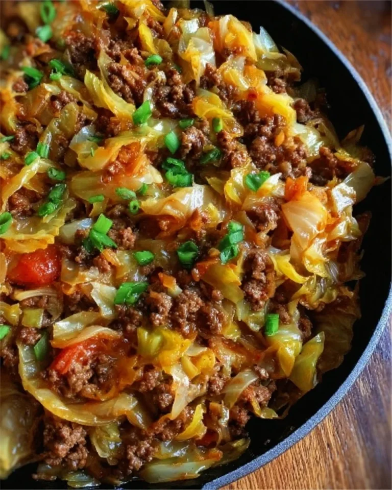 Delicious cabbage and ground beef skillet dish served in a pan.