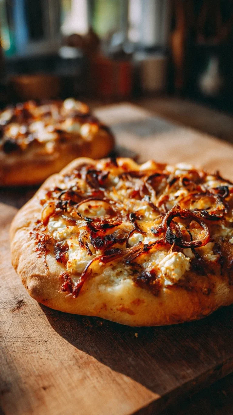Caramelized onion and goat cheese pizza topped with fresh herbs