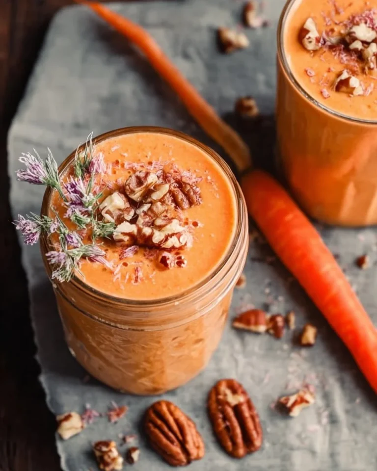 Delicious carrot cake smoothie topped with nuts and spices