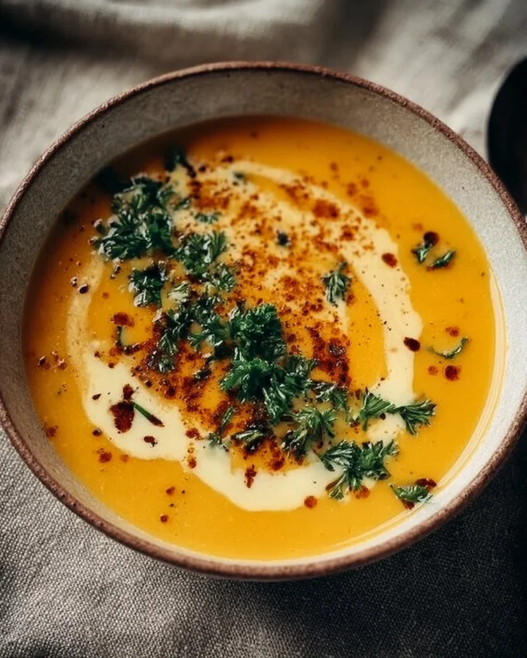 A bowl of delicious carrot miso soup garnished with fresh herbs