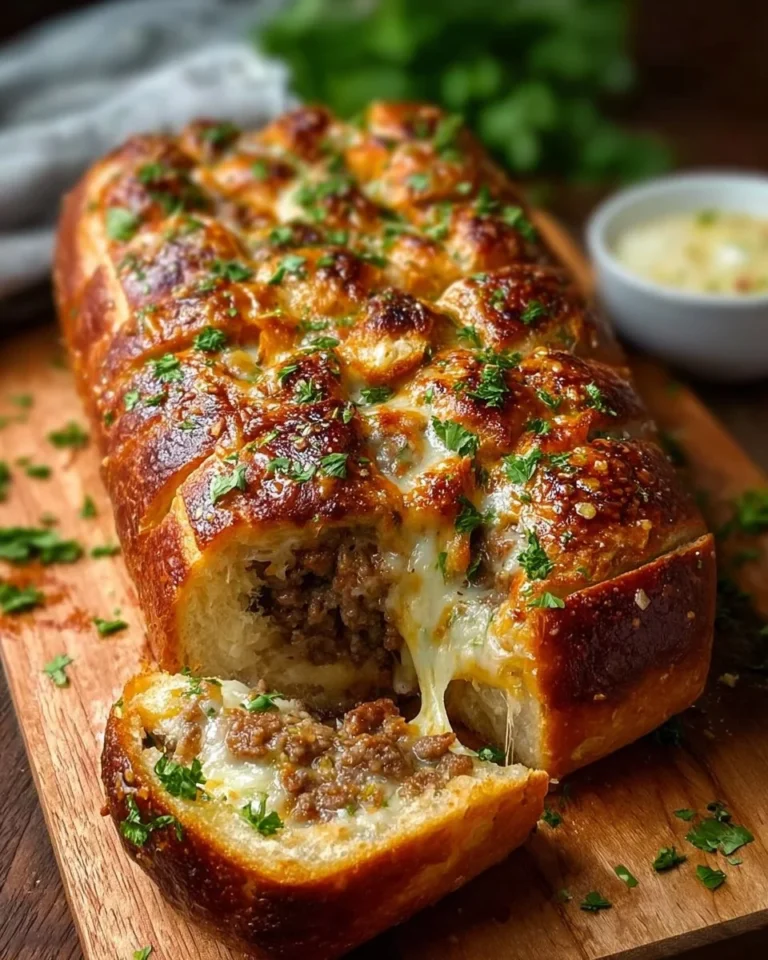 Cheesesteak stuffed garlic bread loaf topped with herbs and melted cheese