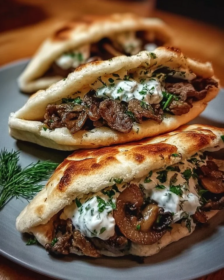Cheesy beef and mushroom pita pockets served with tzatziki sauce on a plate